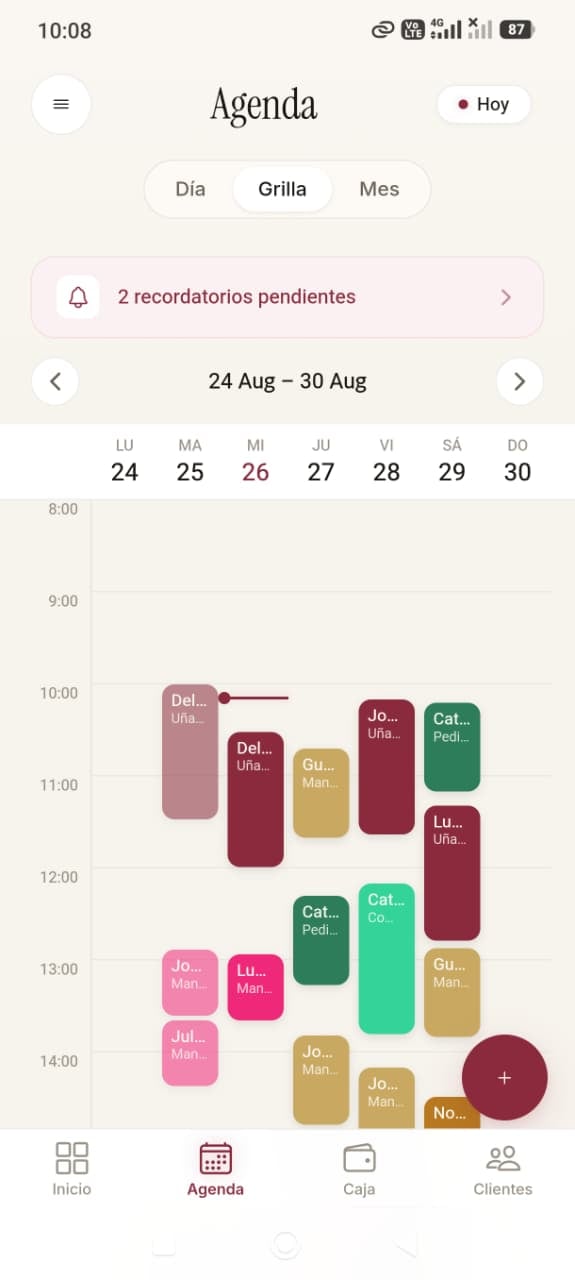 Vista semanal de la agenda de Nailsy en el celular, con los turnos de cada día agrupados por franja horaria