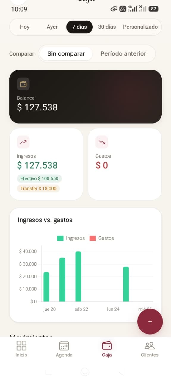 Sección Caja de la app Nailsy en el celular con el balance de ingresos y gastos actualizado en tiempo real