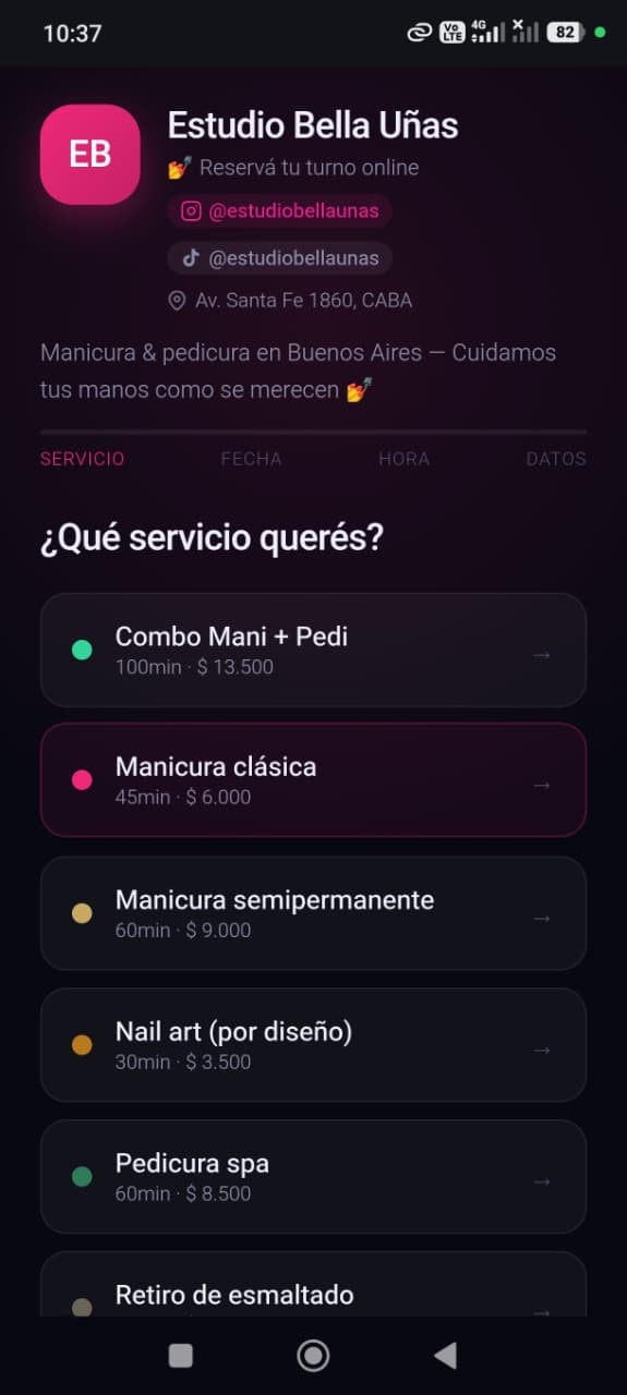 Página de reservas online de Nailsy vista desde el celular de una clienta, lista para reservar sin escribirte
