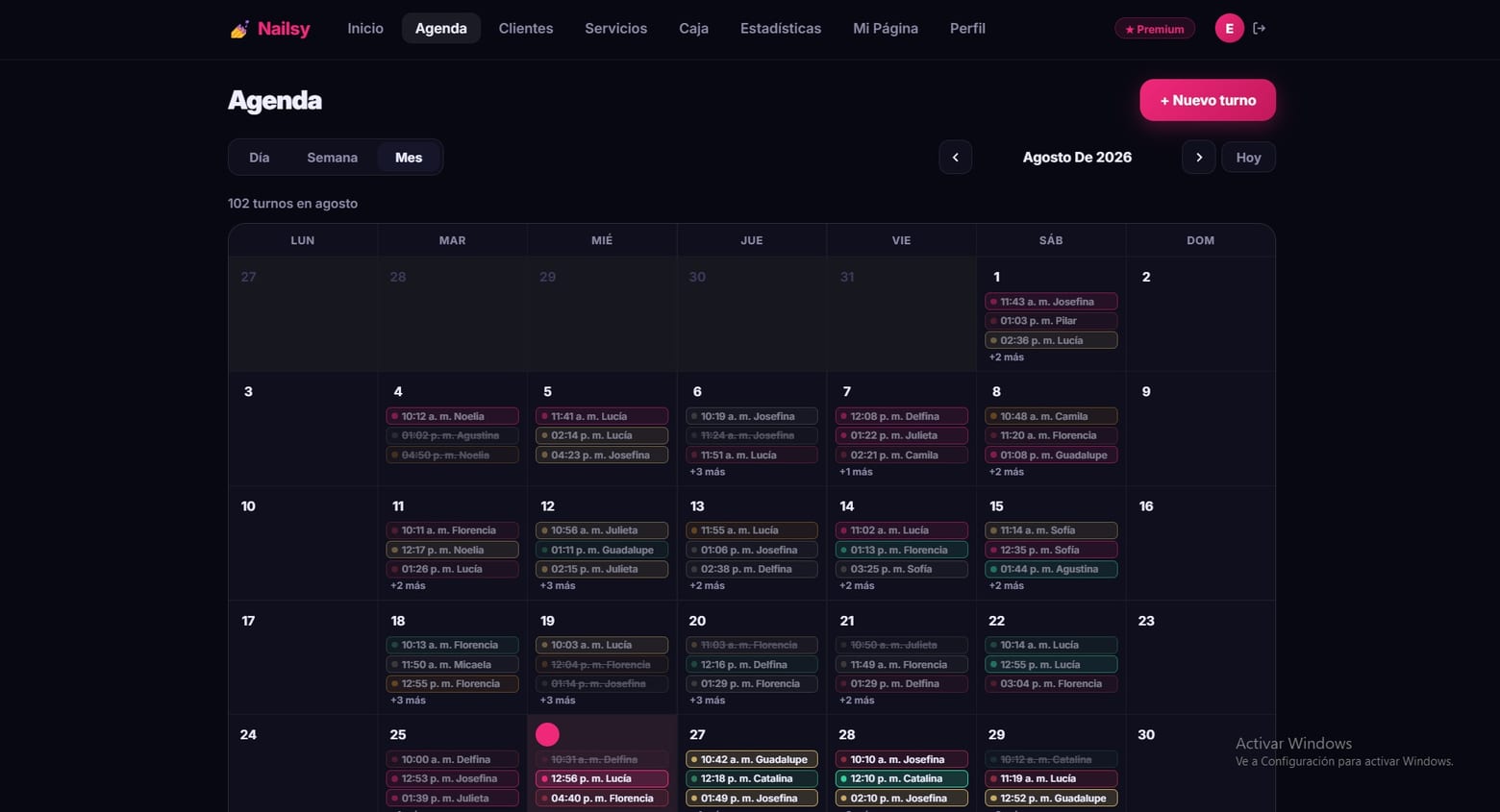 Vista mensual de la agenda de Nailsy con el total de turnos del mes y la carga de cada día