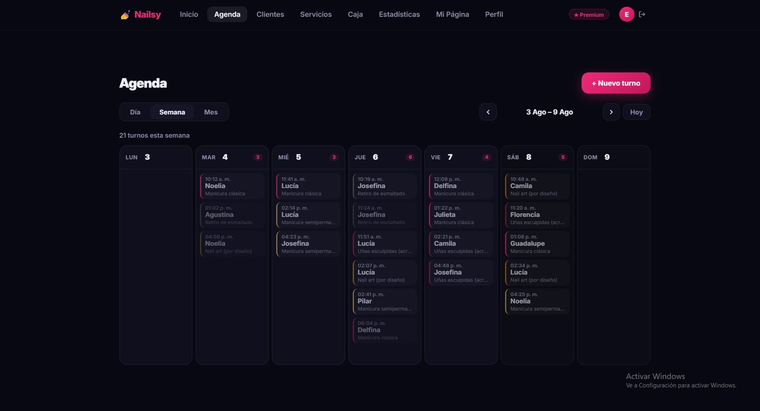 Vista semanal de la agenda de Nailsy con los turnos de cada día ordenados por horario y nombre de clienta