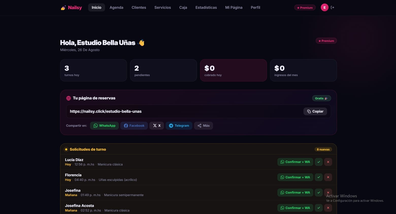 Panel de inicio de Nailsy con las solicitudes de turno y el botón Confirmar + WA para cada una