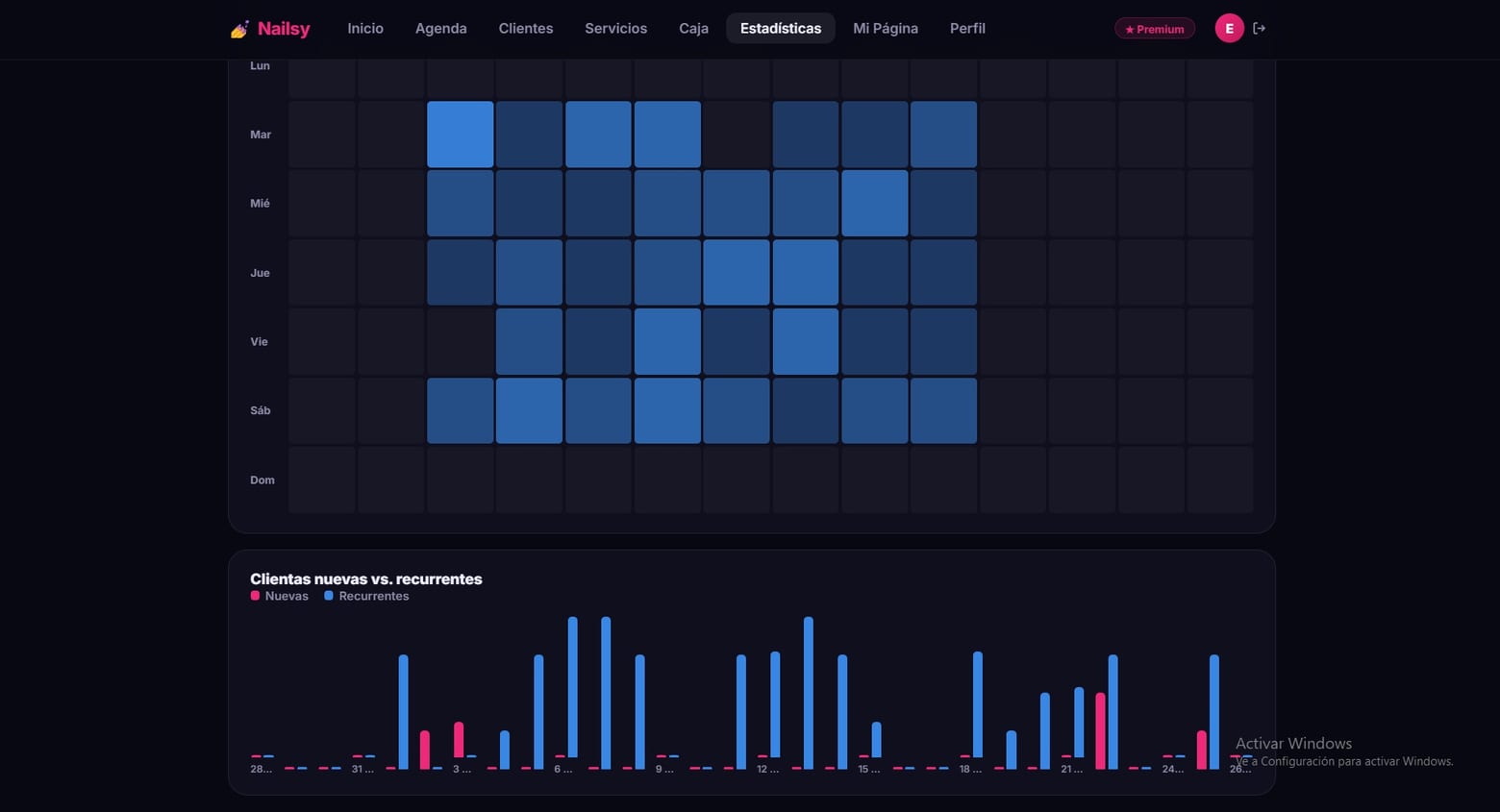 Estadísticas de Nailsy comparando clientas nuevas y recurrentes a lo largo del mes
