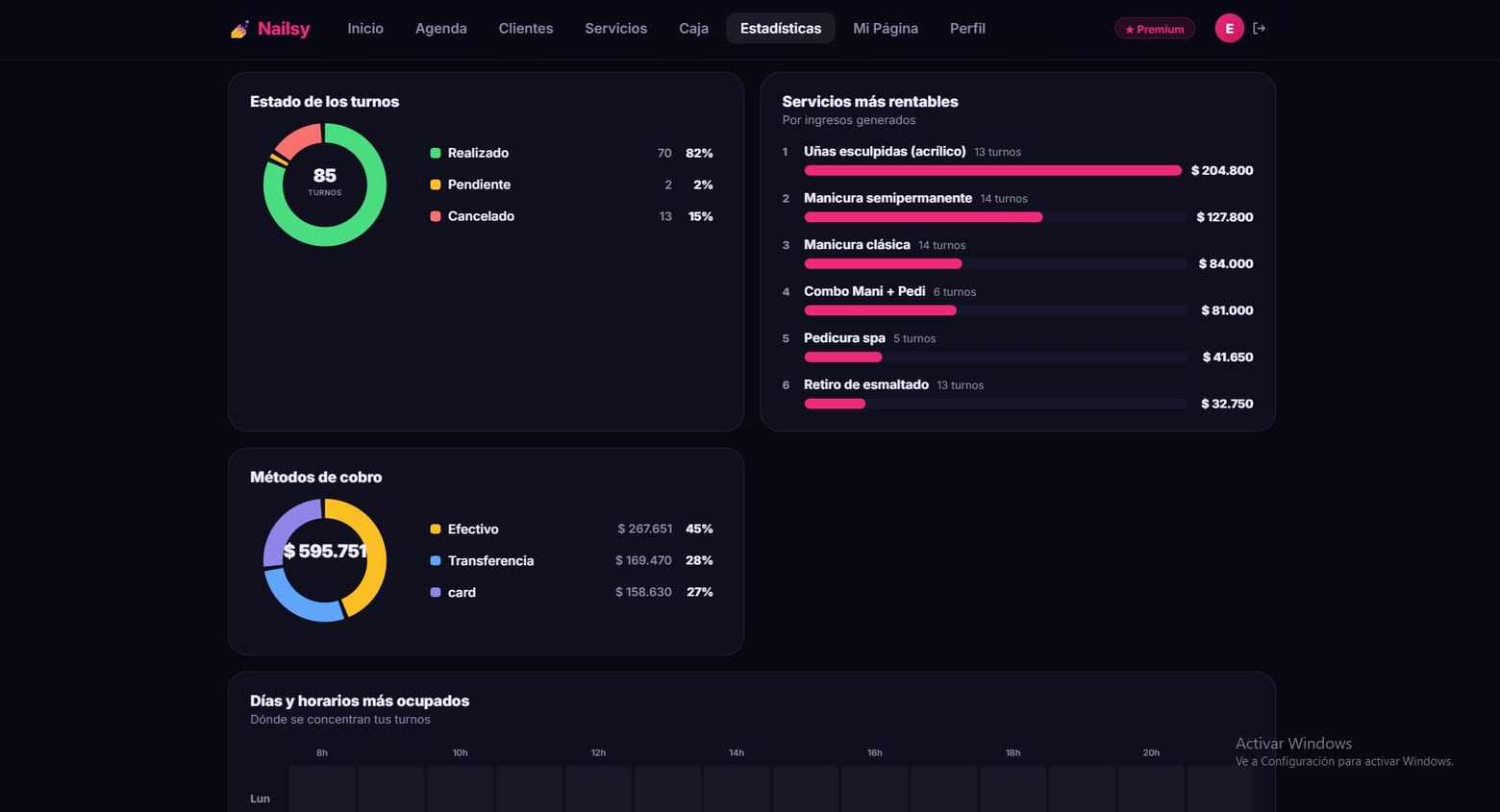 Estadísticas de Nailsy con los servicios más rentables por ingresos generados y los métodos de cobro del mes